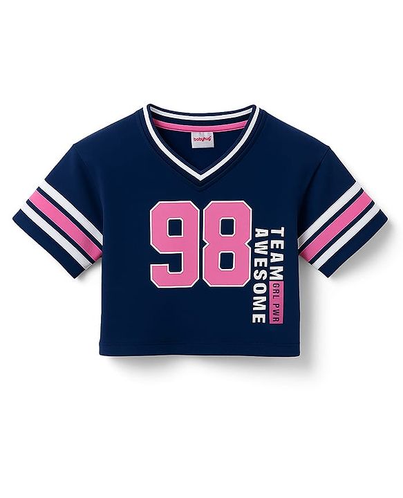 Babyhug 100% Cotton Terry Knit Half Sleeves Top & Track Pants Set with 98 Text Print - Navy Blue