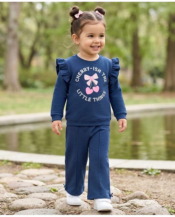 Babyhug Terry Knit Premium Light Gauge Terry Full Sleeves Top & Trouser Set with Cherrish The Little Things Text Print & Bow Applique - Navy Blue