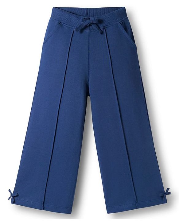 Babyhug Terry Knit Premium Light Gauge Terry Full Sleeves Top & Trouser Set with Cherrish The Little Things Text Print & Bow Applique - Navy Blue