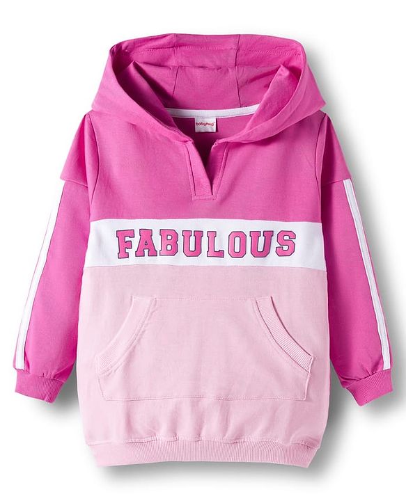 Babyhug Terry Knit Premium Light Gauge Terry Full Sleeves Hooded Top and Lounge Pant Set with Kangaroo Pockets & Fabulous Text Print - Pink