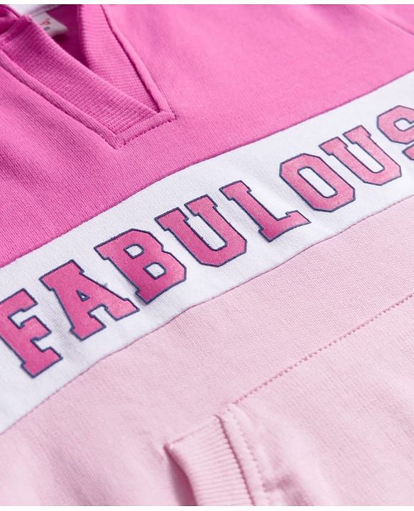 Babyhug Terry Knit Premium Light Gauge Terry Full Sleeves Hooded Top and Lounge Pant Set with Kangaroo Pockets & Fabulous Text Print - Pink