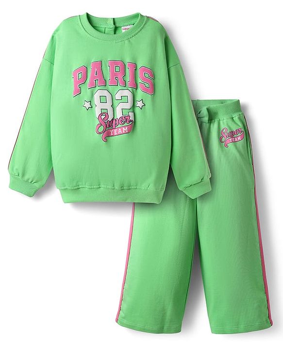 Babyhug Fleece Knit Full Sleeves Sweatshirt & Lounge Pant Set with Text Print & Tape Detailing - Limegreen