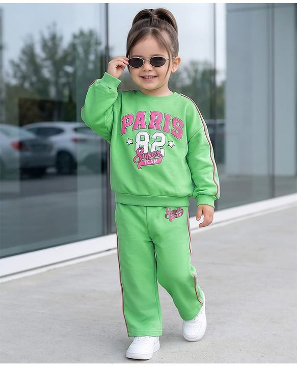 Babyhug Fleece Knit Full Sleeves Sweatshirt & Lounge Pant Set with Text Print & Tape Detailing - Limegreen