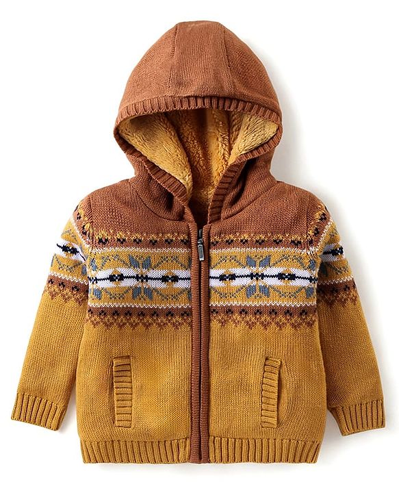Babyhug Knitted Full Sleeves Hooded Front Open Sweater With Aztec Design - Mustard