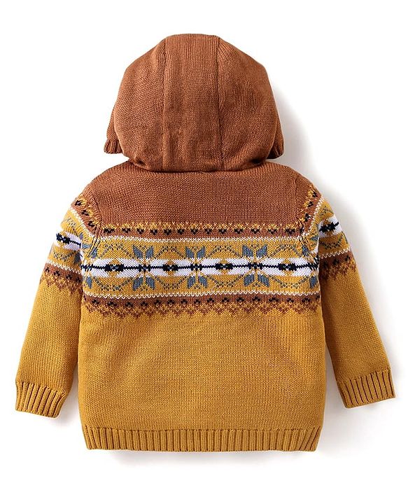Babyhug Knitted Full Sleeves Hooded Front Open Sweater With Aztec Design - Mustard