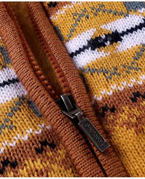 Babyhug Knitted Full Sleeves Hooded Front Open Sweater With Aztec Design - Mustard