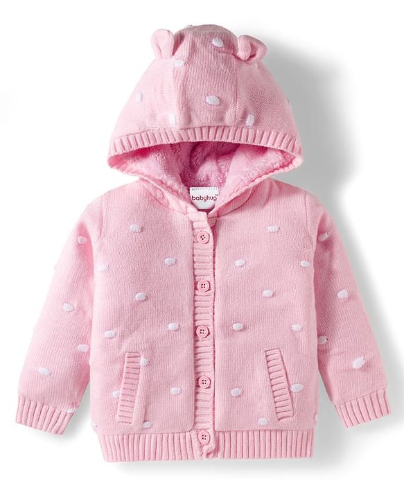 Babyhug Knit Full Sleeves Hooded Front Open Sweater with Ear Applique - Pink