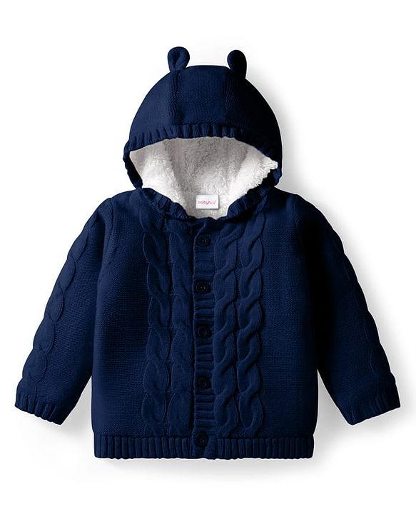 Babyhug Knit Full Sleeves Hooded Front Open Sweater with Cable Knit Design & Ear Applique - Navy Blue