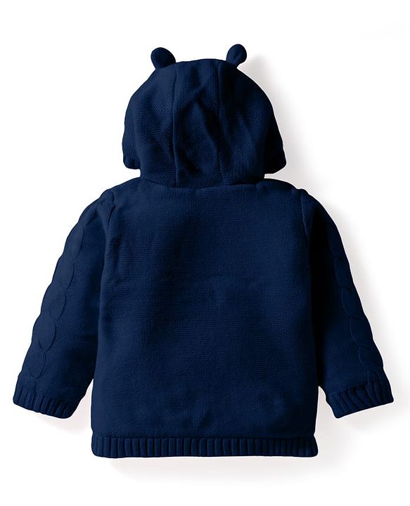 Babyhug Knit Full Sleeves Hooded Front Open Sweater with Cable Knit Design & Ear Applique - Navy Blue