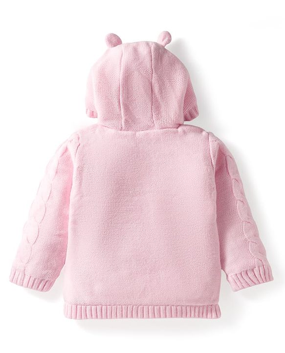 Babyhug Knit Full Sleeves Hooded Front Open Sweater with Cable Knit Design & Ear Applique - Pink