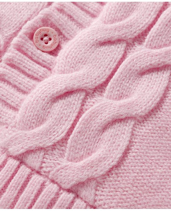 Babyhug Knit Full Sleeves Hooded Front Open Sweater with Cable Knit Design & Ear Applique - Pink
