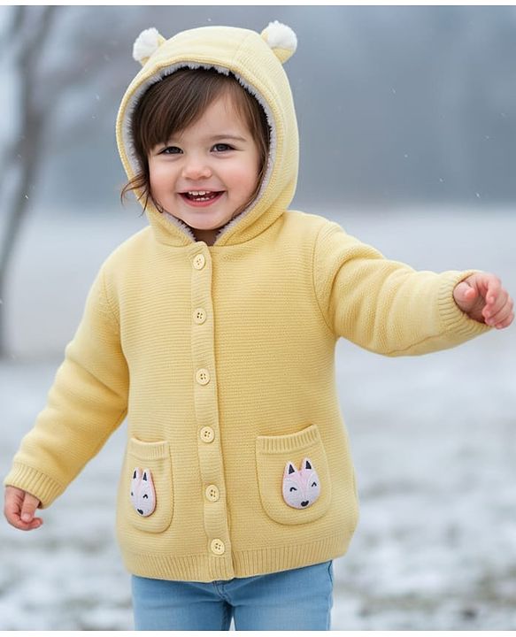 Babyhug Knitted Full Sleeves Hooded Front Open Sweater With Animal Applique - Yellow