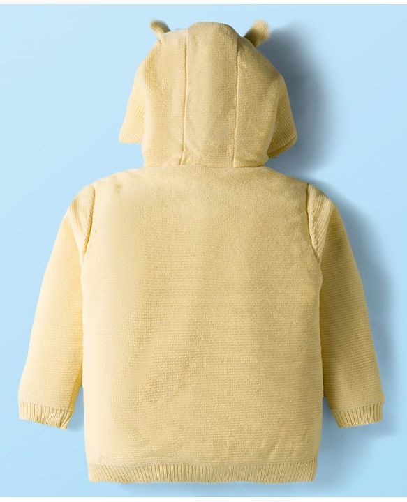Babyhug Knitted Full Sleeves Hooded Front Open Sweater With Animal Applique - Yellow