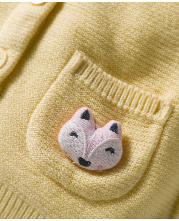 Babyhug Knitted Full Sleeves Hooded Front Open Sweater With Animal Applique - Yellow