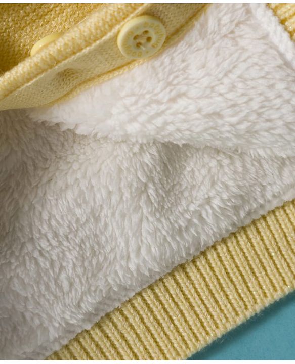 Babyhug Knitted Full Sleeves Hooded Front Open Sweater With Animal Applique - Yellow