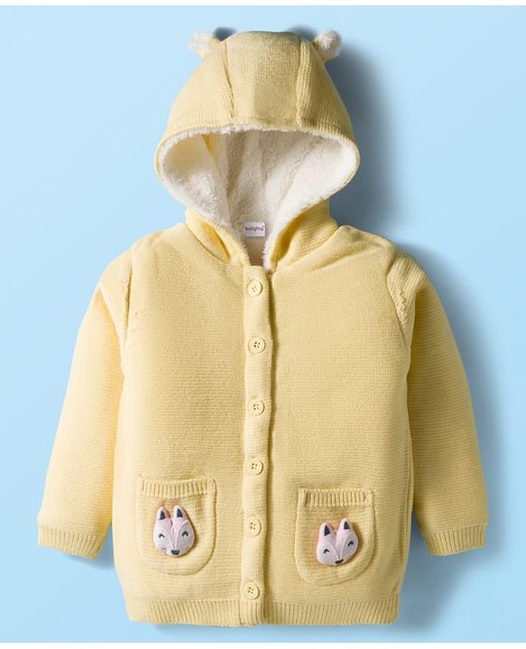 Babyhug Knitted Full Sleeves Hooded Front Open Sweater With Animal Applique - Yellow