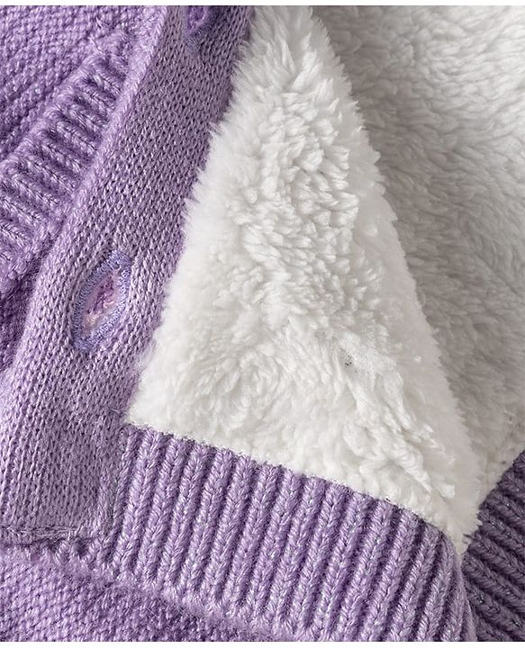 Babyhug Knit Full Sleeves Front Open Hooded Sweater with Fox Applique & Pocket Detailing - Lavender