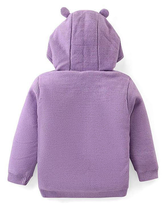 Babyhug Knit Full Sleeves Front Open Hooded Sweater with Fox Applique & Pocket Detailing - Lavender