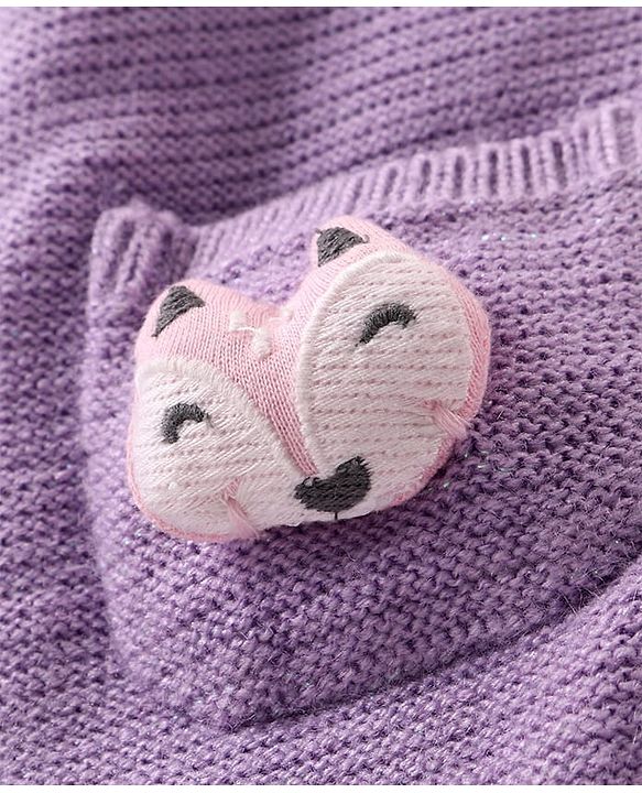 Babyhug Knit Full Sleeves Front Open Hooded Sweater with Fox Applique & Pocket Detailing - Lavender