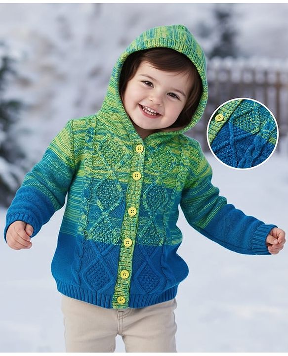 Babyhug Knitted Full Sleeves Hooded Front Open Sweater With Cable Knit Design - Green & Blue