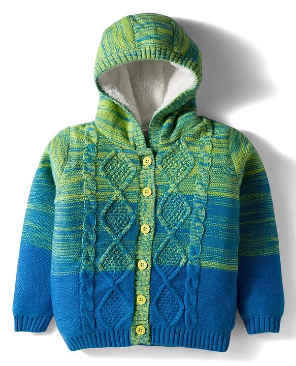 Babyhug Knitted Full Sleeves Hooded Front Open Sweater With Cable Knit Design - Green & Blue