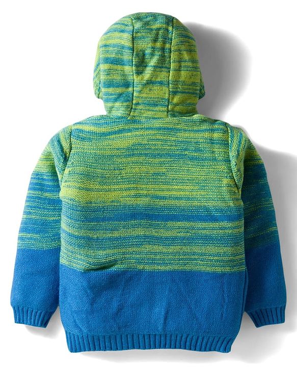 Babyhug Knitted Full Sleeves Hooded Front Open Sweater With Cable Knit Design - Green & Blue