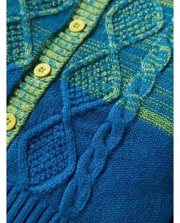 Babyhug Knitted Full Sleeves Hooded Front Open Sweater With Cable Knit Design - Green & Blue