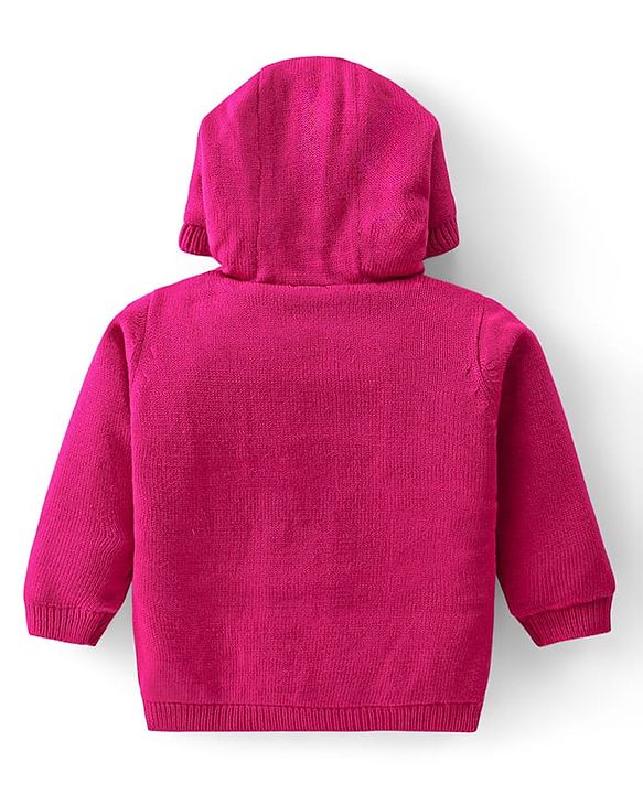 Babyhug Knitted Full Sleeves Hooded Front Open Sweater With Floral Embroidery - Fuchsia