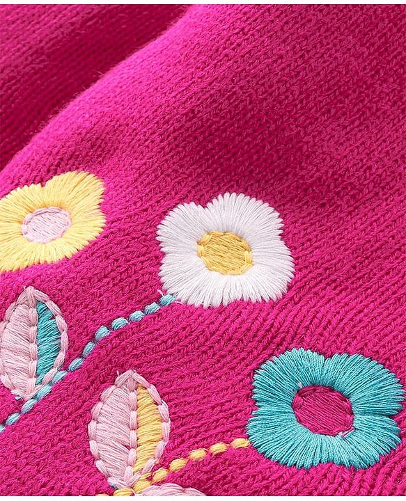 Babyhug Knitted Full Sleeves Hooded Front Open Sweater With Floral Embroidery - Fuchsia