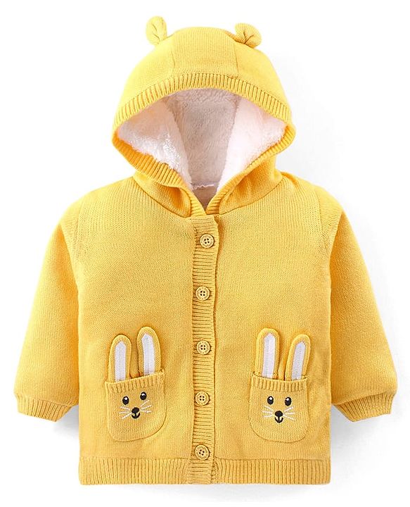 Babyhug Knitted Full Sleeves Hooded Front Open Sweater With Bunny Embroidery - Yellow