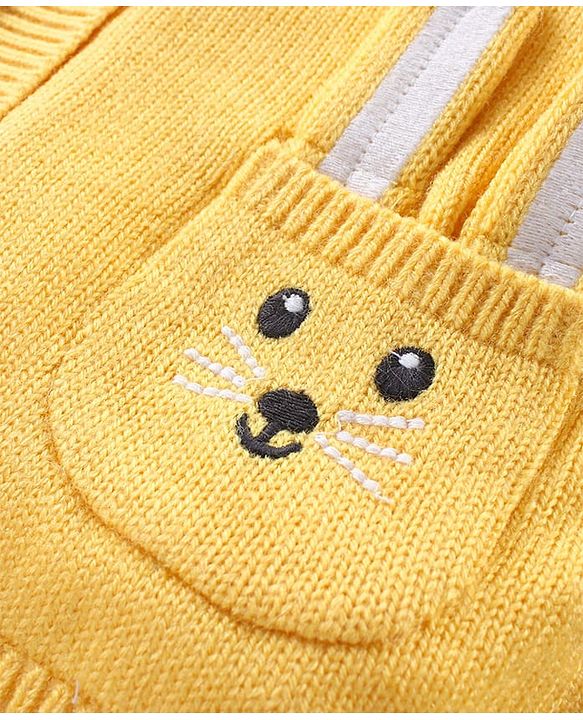 Babyhug Knitted Full Sleeves Hooded Front Open Sweater With Bunny Embroidery - Yellow