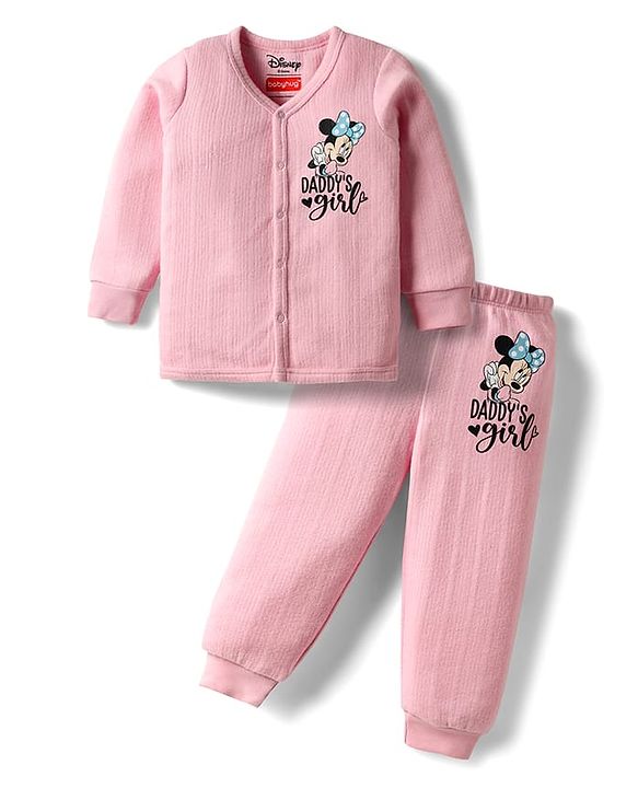 Babyhug Disney Full Sleeve Front Open Thermal Vest & Pant Set With Minnie Mouse Graphic - Pink
