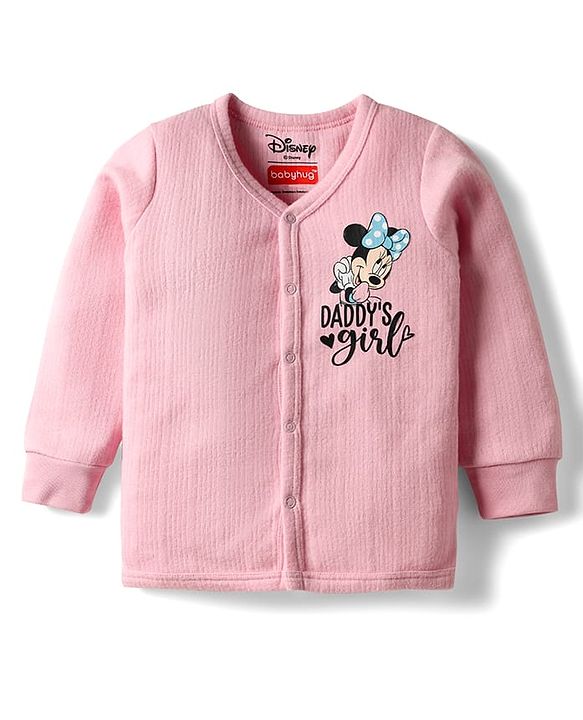 Babyhug Disney Full Sleeve Front Open Thermal Vest & Pant Set With Minnie Mouse Graphic - Pink