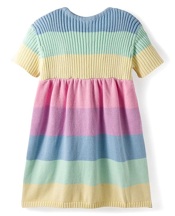 Babyhug Sweater Knit Half Sleeves Woollen Dress with Color Block Design & Pockets - Multicolor