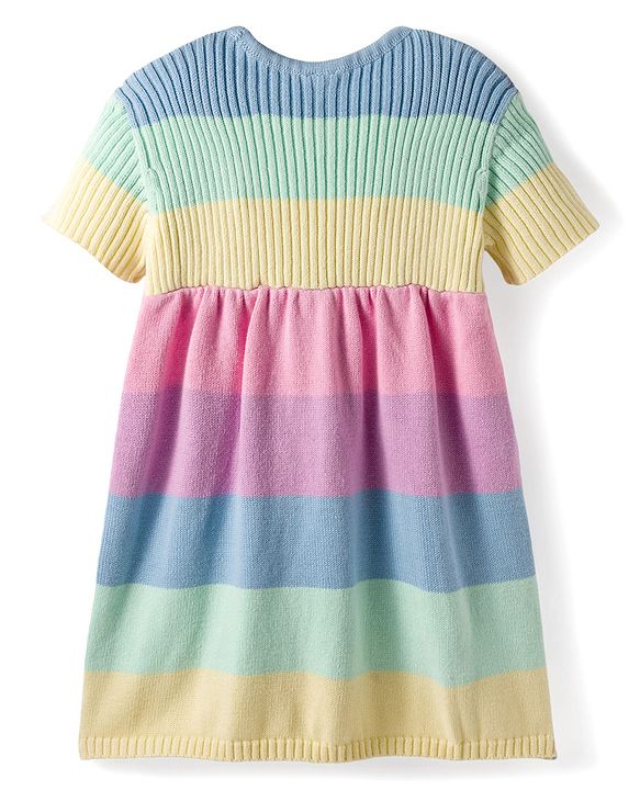 Babyhug Sweater Knit Half Sleeves Woollen Dress with Color Block Design & Pockets - Multicolor