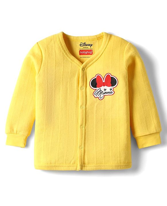 Babyhug Disney Full Sleeve Front Open Thermal Vest & Pant Set With Minnie Mouse Graphic - Yellow