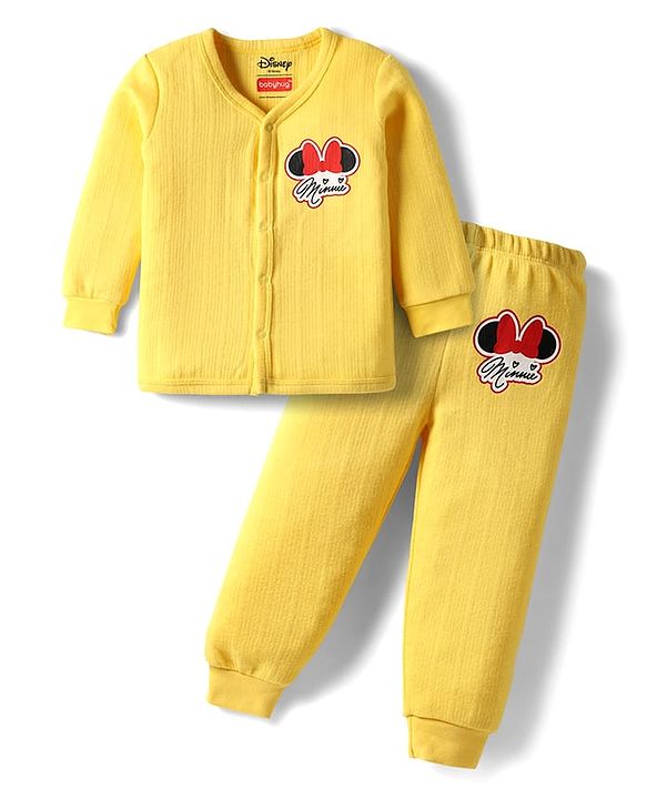 Babyhug Disney Full Sleeve Front Open Thermal Vest & Pant Set With Minnie Mouse Graphic - Yellow