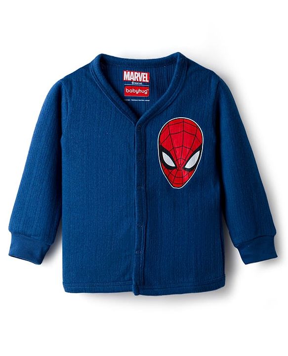 Babyhug Marvel Full Sleeve Front Open Thermal Vest With Spider-man Graphic - Blue