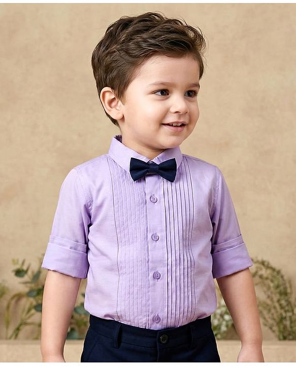 Babyhug Oxford Cotton Woven Full Sleeves Solid Color Pintuck Party Shirt with Bow - Lavender