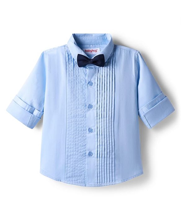 Babyhug Cotton Woven Full Sleeves Partywear Solid Oxford Pintuck Shirt With Bow - Light Blue