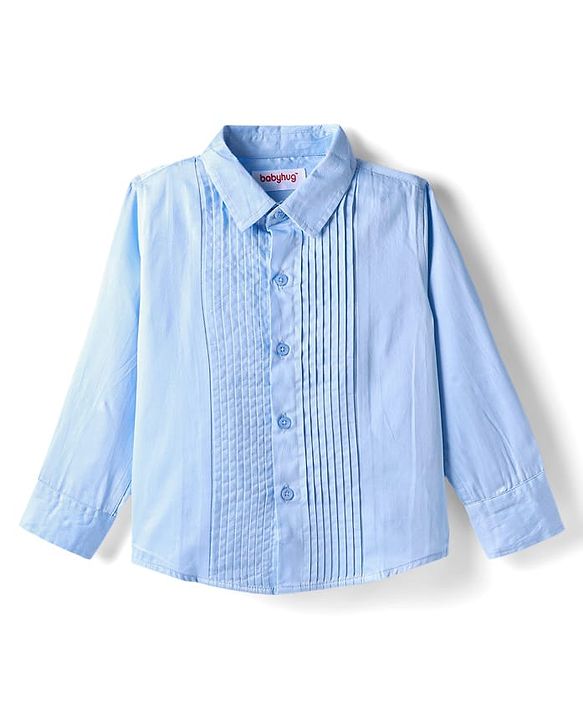 Babyhug Cotton Woven Full Sleeves Partywear Solid Oxford Pintuck Shirt With Bow - Light Blue