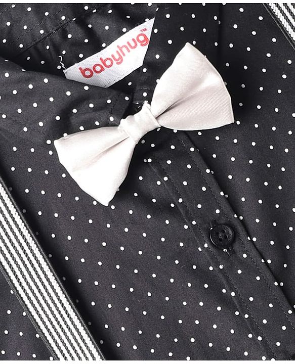Babyhug Cotton Woven Full Sleeves Polka Dots Print Party Shirt with Suspender & Bow - Black