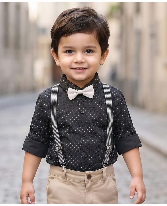 Babyhug Cotton Woven Full Sleeves Polka Dots Print Party Shirt with Suspender & Bow - Black