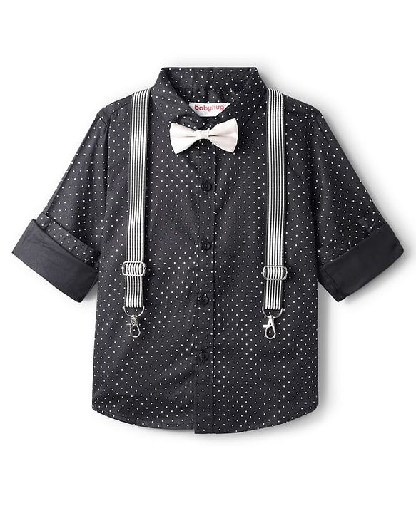 Babyhug Cotton Woven Full Sleeves Polka Dots Print Party Shirt with Suspender & Bow - Black