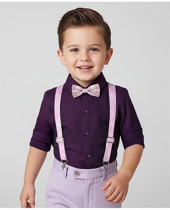 Babyhug Cotton Woven Full Sleeves Party Shirt with Suspender & Bow - Purple