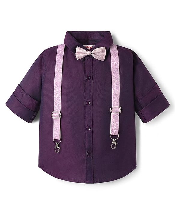 Babyhug Cotton Woven Full Sleeves Party Shirt with Suspender & Bow - Purple