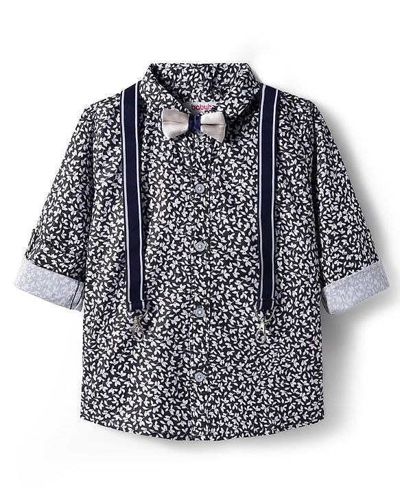 Babyhug Cotton Woven Full Sleeves Floral Printed Shirt with Bow & Suspender - White & Navy Blue