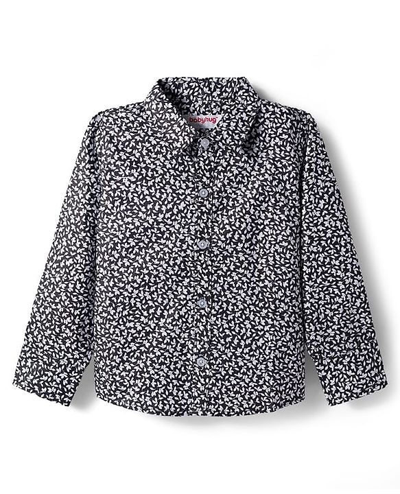 Babyhug Cotton Woven Full Sleeves Floral Printed Shirt with Bow & Suspender - White & Navy Blue