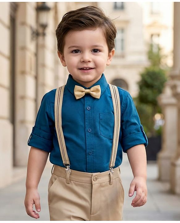 Babyhug Cotton Woven Full Sleeves Solid Color Shirt with Bow & Suspender - Blue