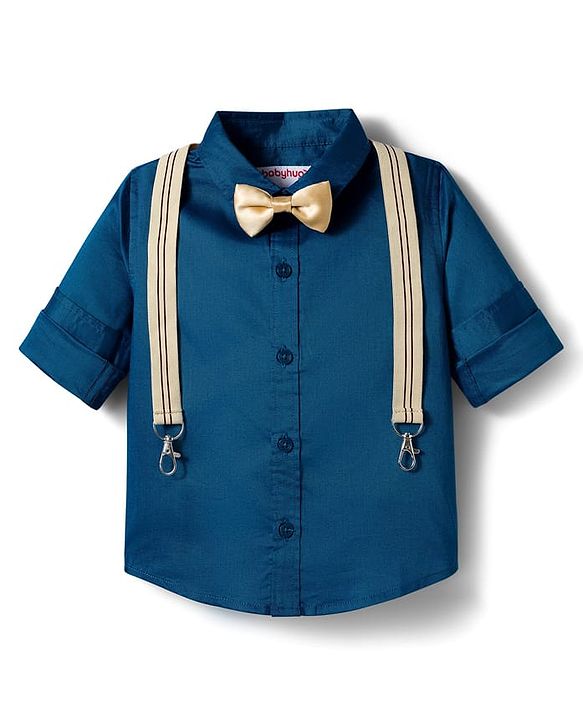 Babyhug Cotton Woven Full Sleeves Solid Color Shirt with Bow & Suspender - Blue